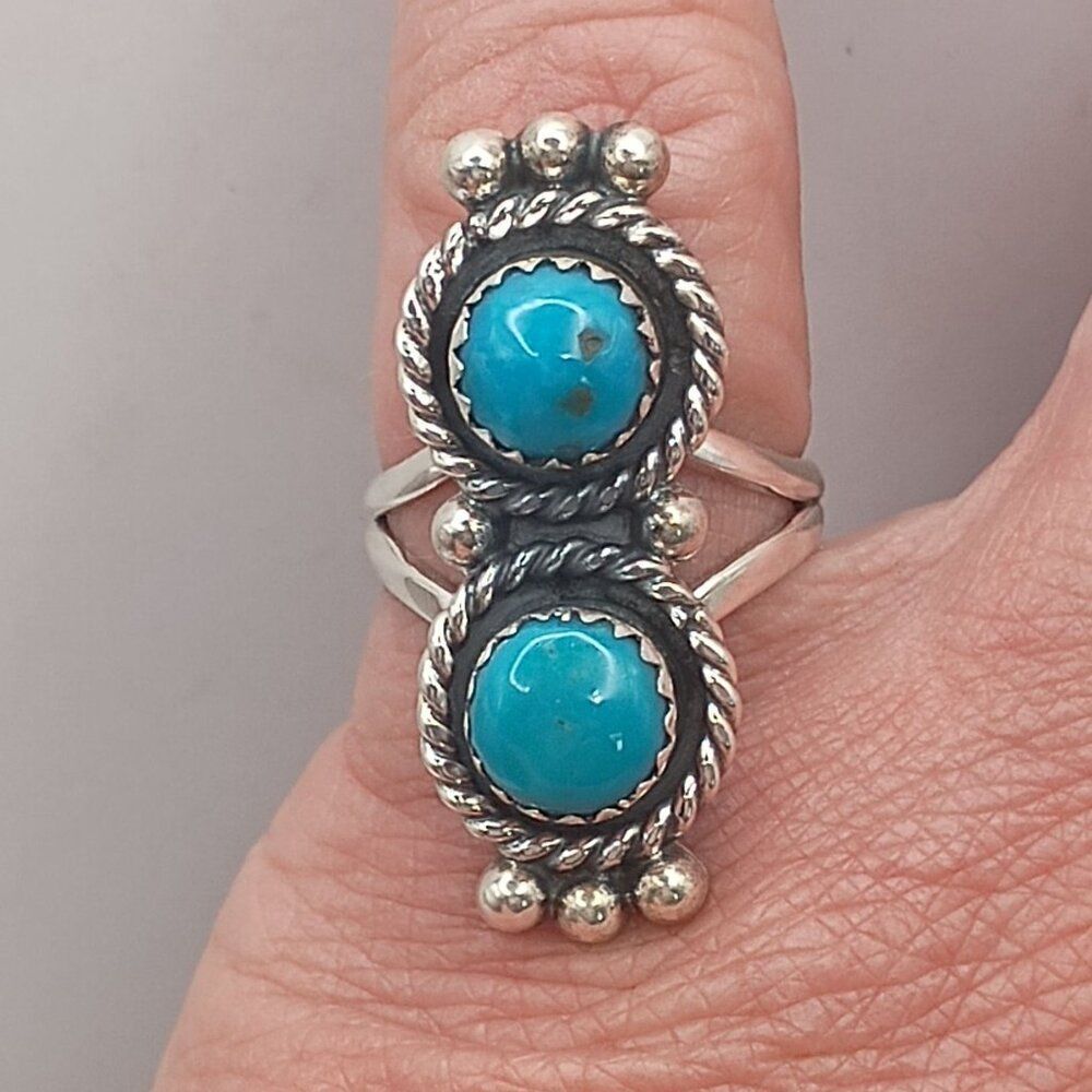 Native Southwest Style Sterling Silver Double Turquoise Stone Ring Size 7 - Picture 2 of 6